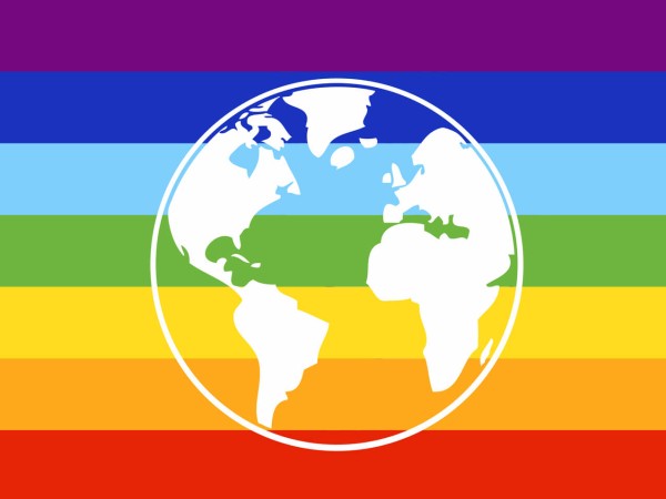Regenbogenfahne mit Weltkugel (Friedensfahne)
